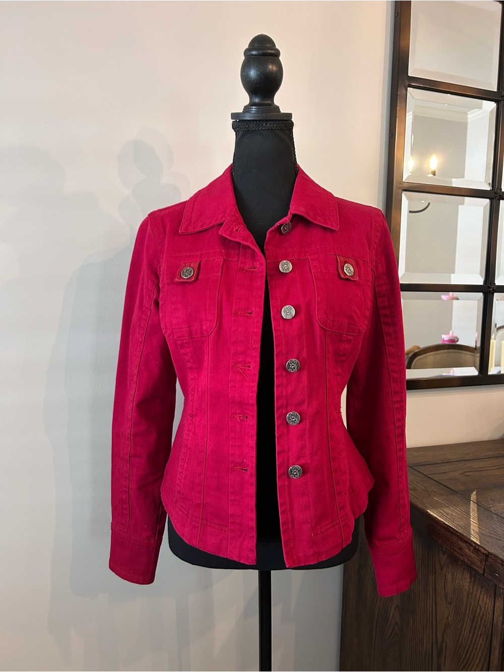 Live a Little Vintage red cotton denim trucker jacket